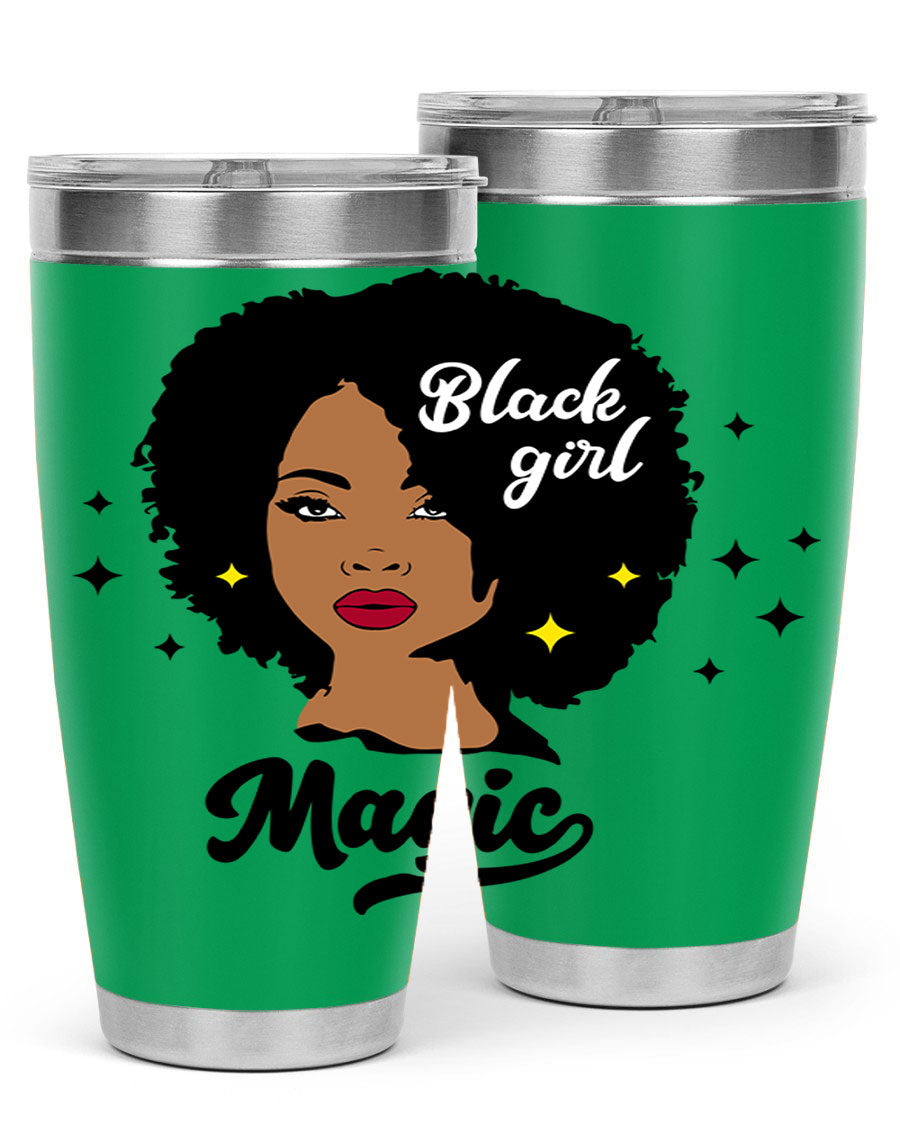 Black Girl Magic 20oz tumbler featuring a stylish design, double wall vacuum insulation, and a press-in drink-thru lid.