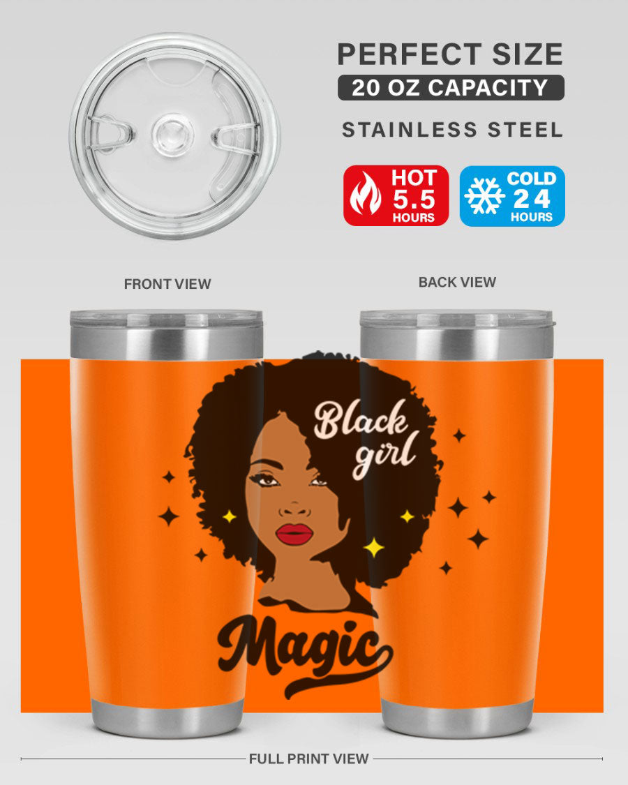 Black Girl Magic 20oz tumbler featuring a stylish design, double wall vacuum insulation, and a press-in drink-thru lid.