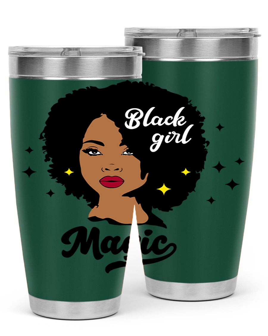 Black Girl Magic 20oz tumbler featuring a stylish design, double wall vacuum insulation, and a press-in drink-thru lid.