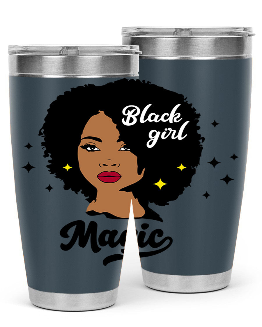 Black Girl Magic 20oz tumbler featuring a stylish design, double wall vacuum insulation, and a press-in drink-thru lid.