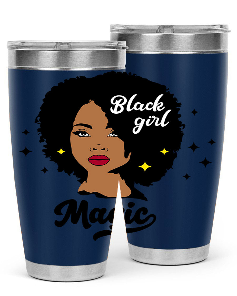 Black Girl Magic 20oz tumbler featuring a stylish design, double wall vacuum insulation, and a press-in drink-thru lid.