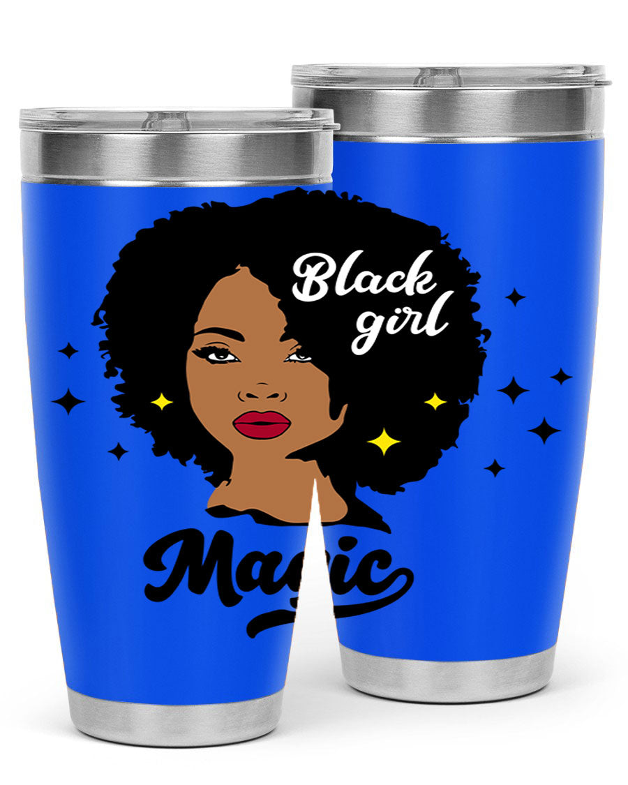 Black Girl Magic 20oz tumbler featuring a stylish design, double wall vacuum insulation, and a press-in drink-thru lid.