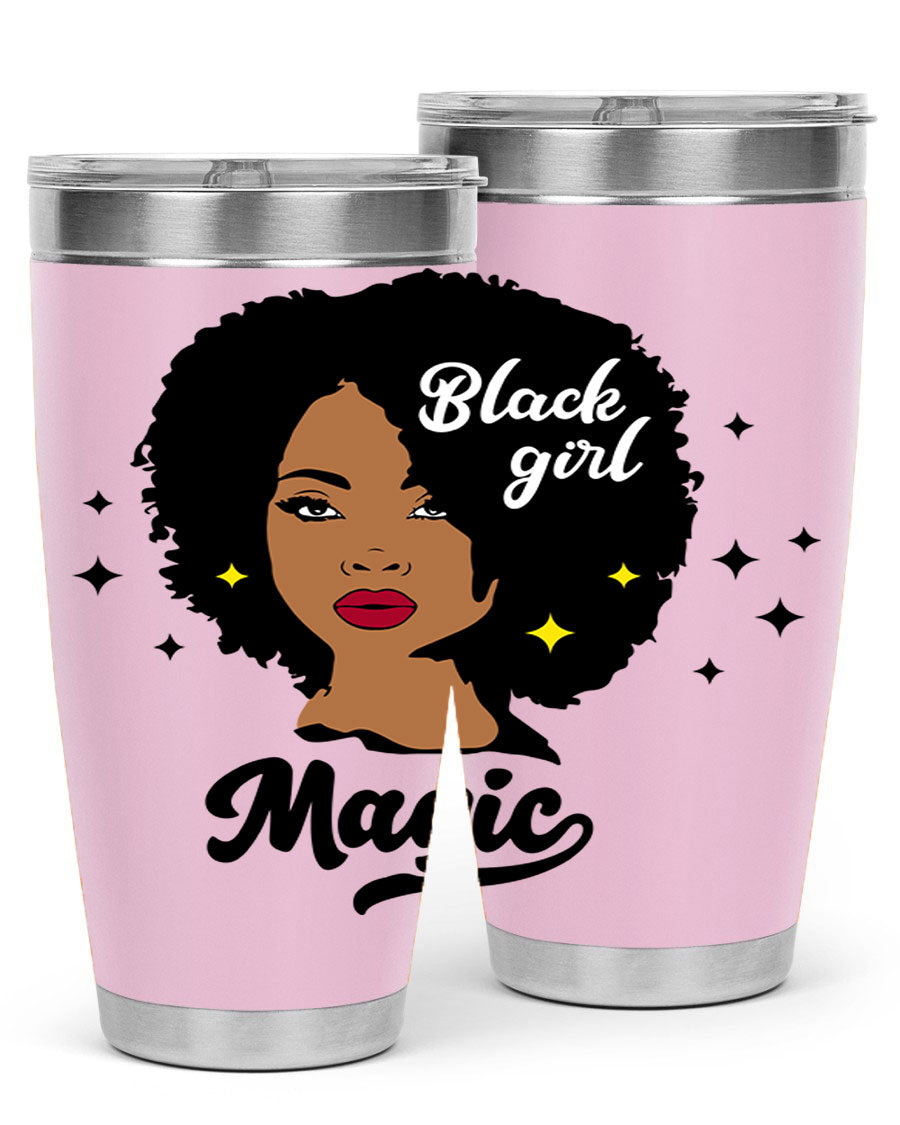 Black Girl Magic 20oz tumbler featuring a stylish design, double wall vacuum insulation, and a press-in drink-thru lid.