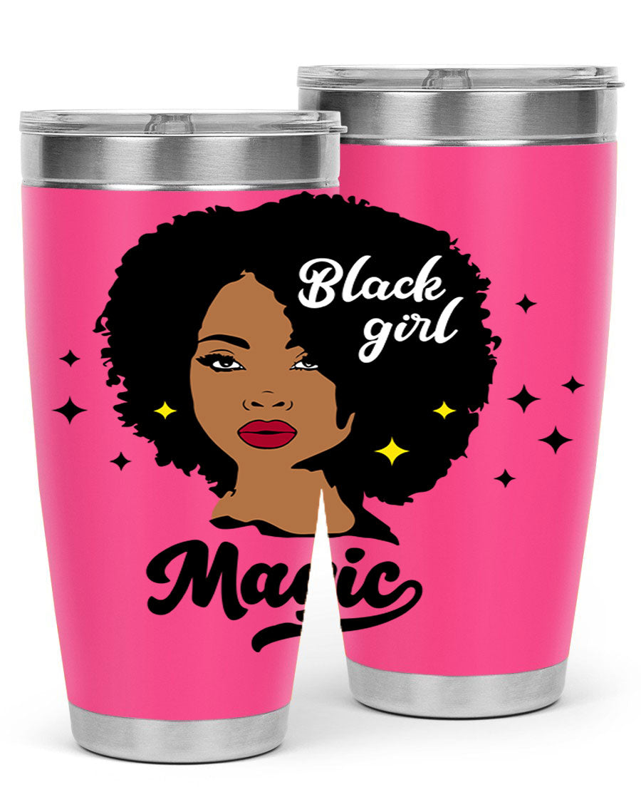 Black Girl Magic 20oz tumbler featuring a stylish design, double wall vacuum insulation, and a press-in drink-thru lid.