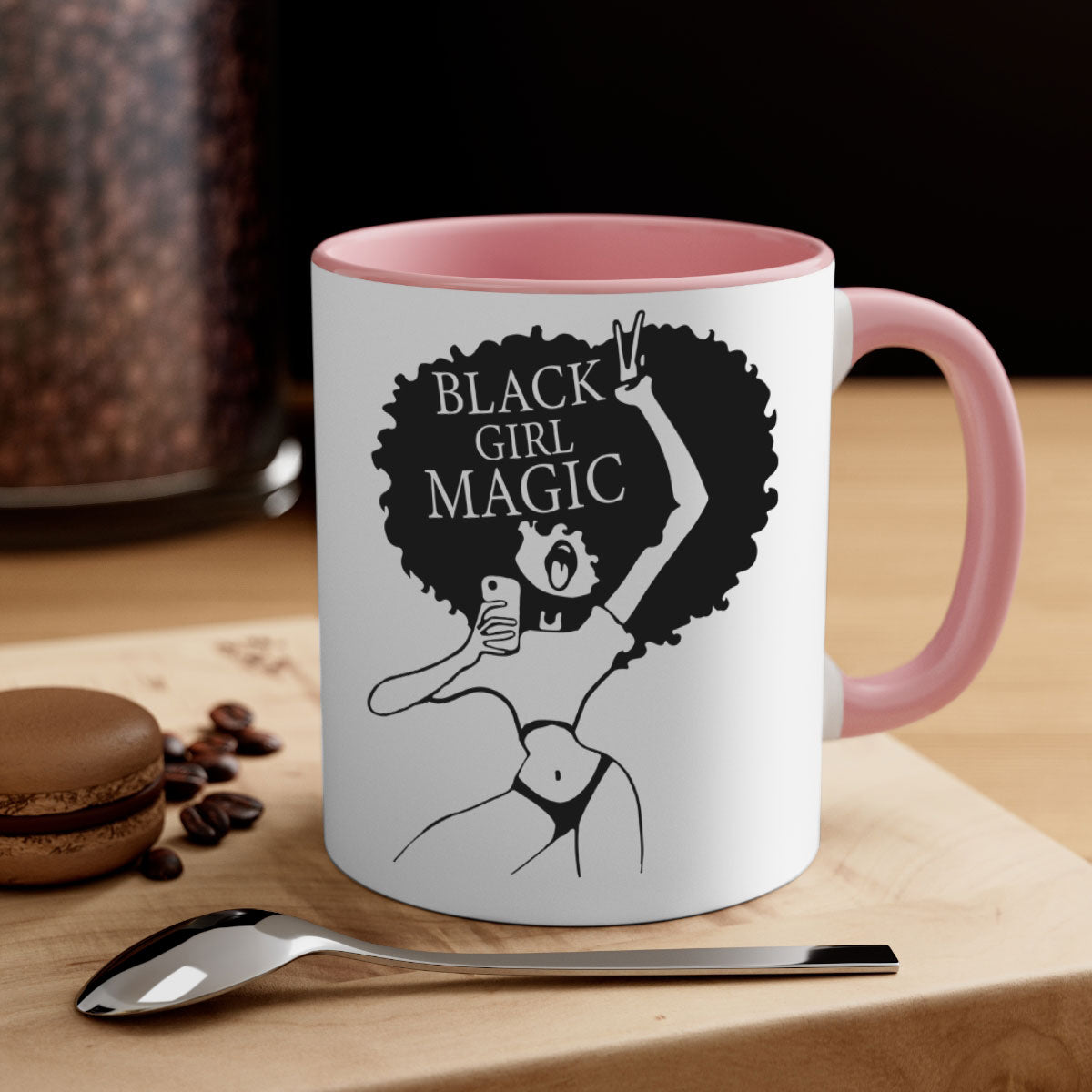 Black Girl Magic Mug featuring a glossy finish with a colored handle and interior, available in multiple colors and sizes.