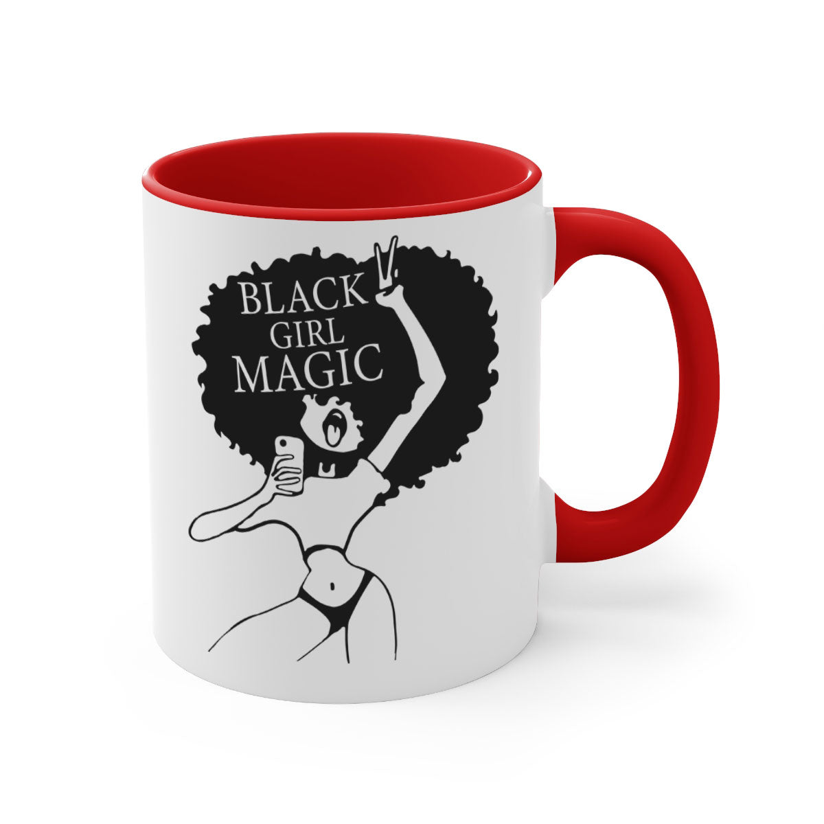 Black Girl Magic Mug featuring a glossy finish with a colored handle and interior, available in multiple colors and sizes.