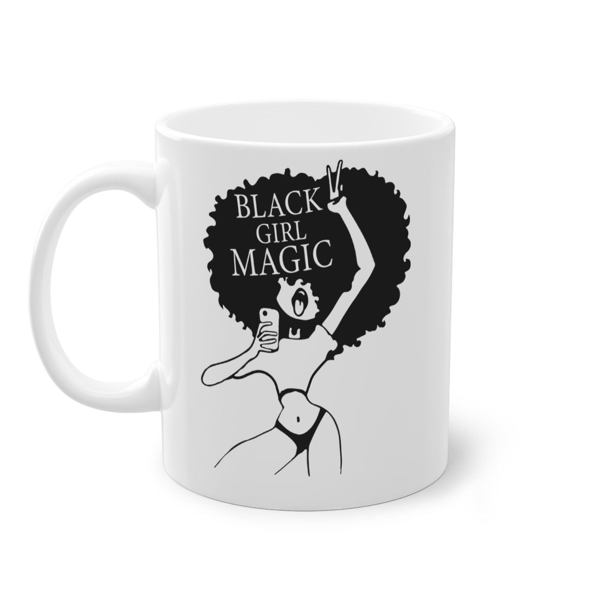 Black Girl Magic Mug featuring a glossy finish with a colored handle and interior, available in multiple colors and sizes.