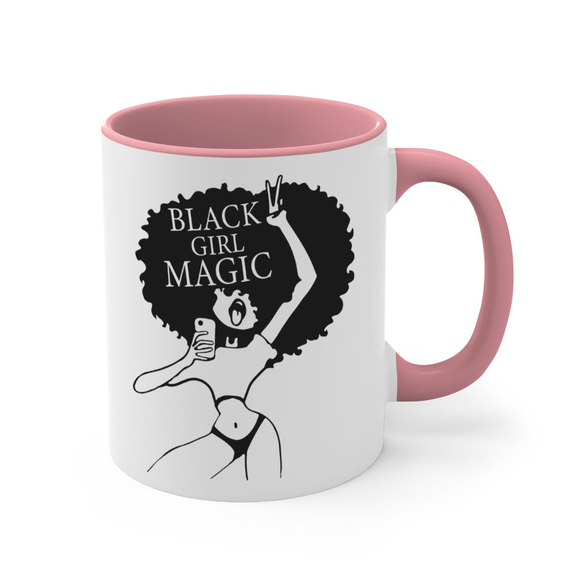 Black Girl Magic Mug featuring a glossy finish with a colored handle and interior, available in multiple colors and sizes.