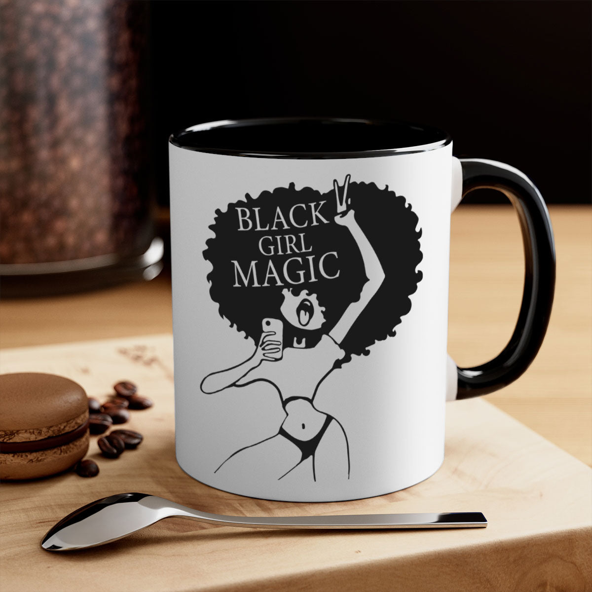 Black Girl Magic Mug featuring a glossy finish with a colored handle and interior, available in multiple colors and sizes.