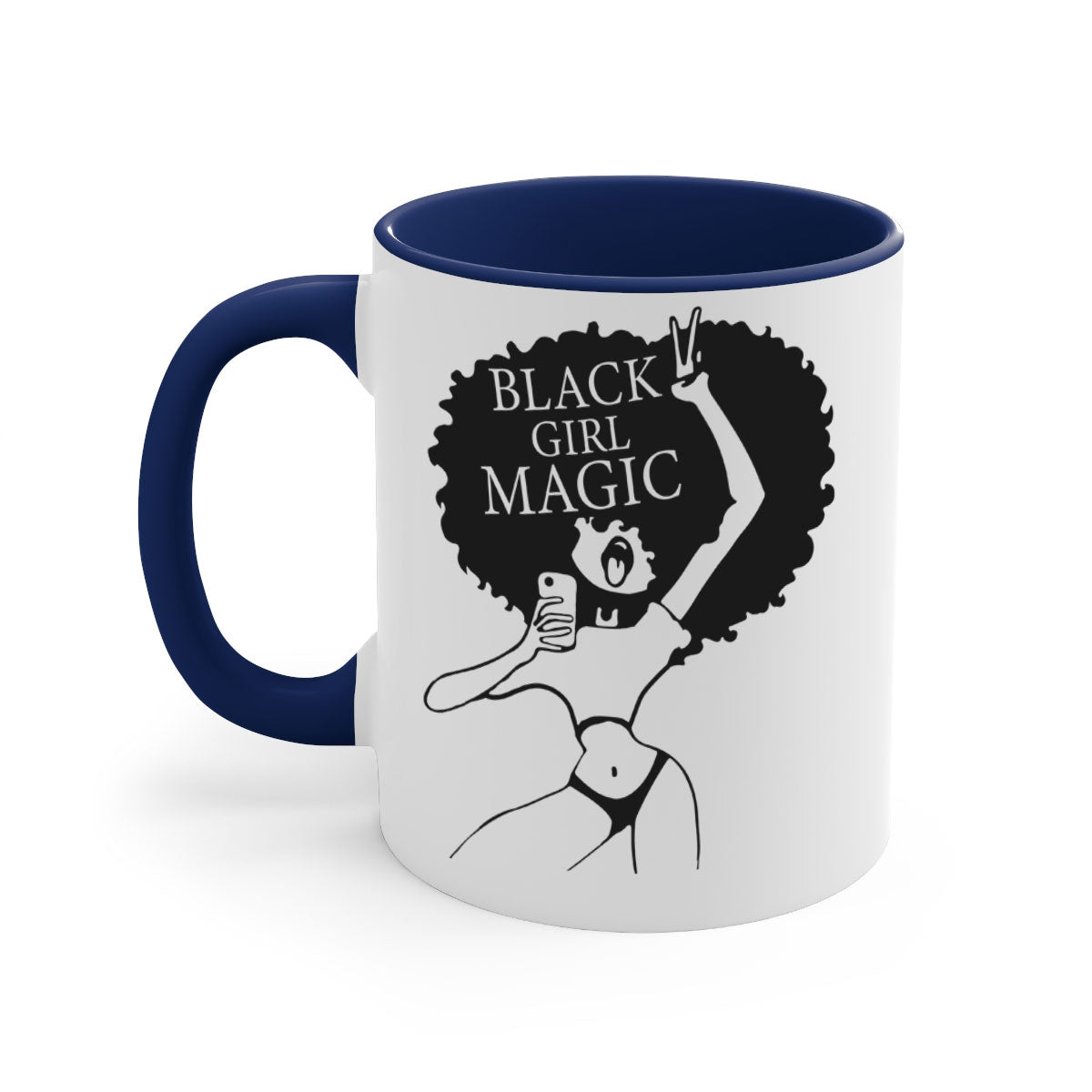 Black Girl Magic Mug featuring a glossy finish with a colored handle and interior, available in multiple colors and sizes.