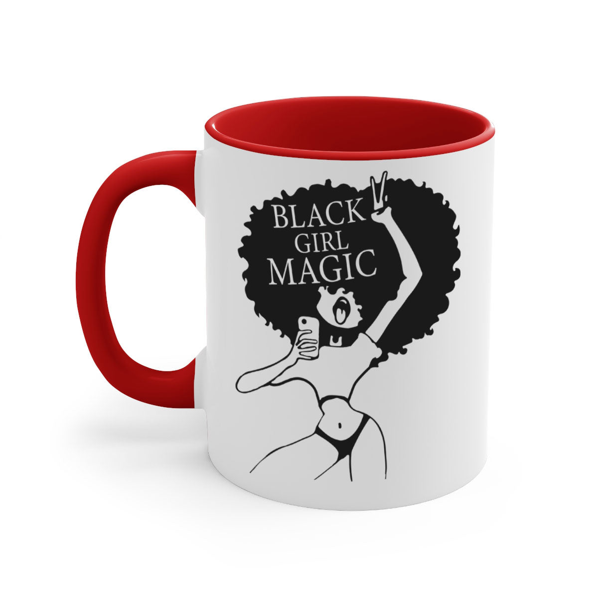 Black Girl Magic Mug featuring a glossy finish with a colored handle and interior, available in multiple colors and sizes.