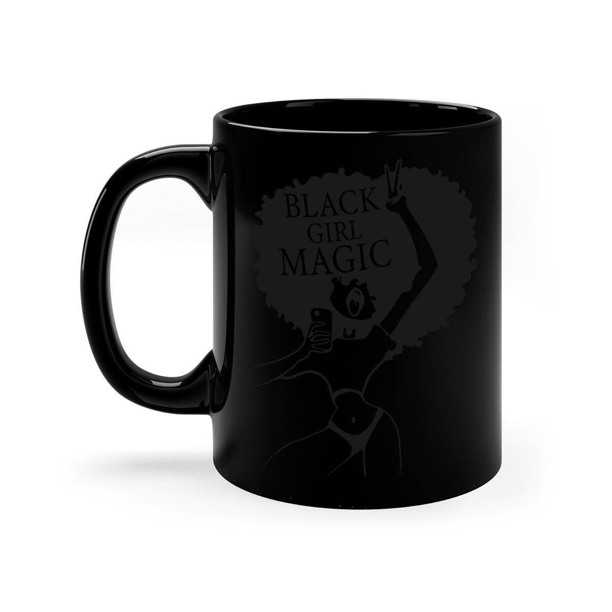 Black Girl Magic Mug featuring a glossy finish with a colored handle and interior, available in multiple colors and sizes.