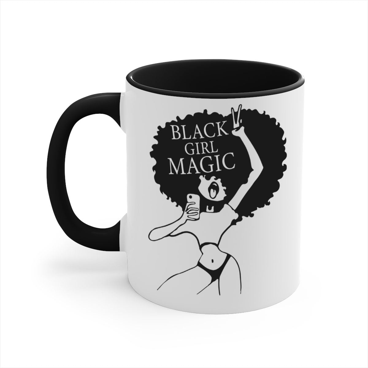 Black Girl Magic Mug featuring a glossy finish with a colored handle and interior, available in multiple colors and sizes.