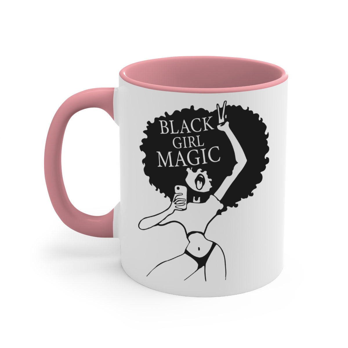 Black Girl Magic Mug featuring a glossy finish with a colored handle and interior, available in multiple colors and sizes.