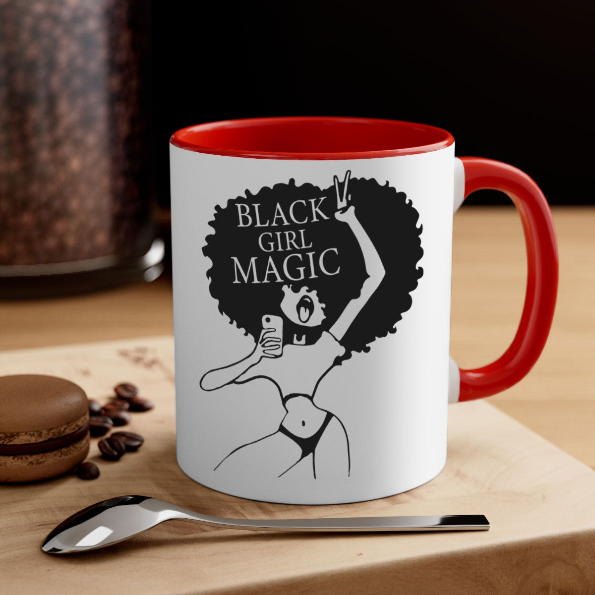 Black Girl Magic Mug featuring a glossy finish with a colored handle and interior, available in multiple colors and sizes.