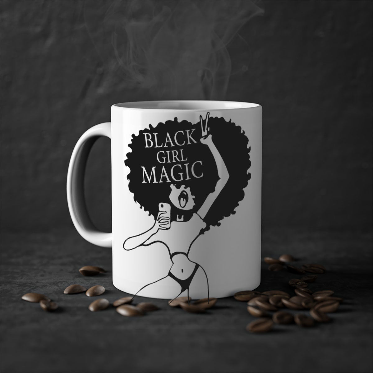 Black Girl Magic Mug featuring a glossy finish with a colored handle and interior, available in multiple colors and sizes.