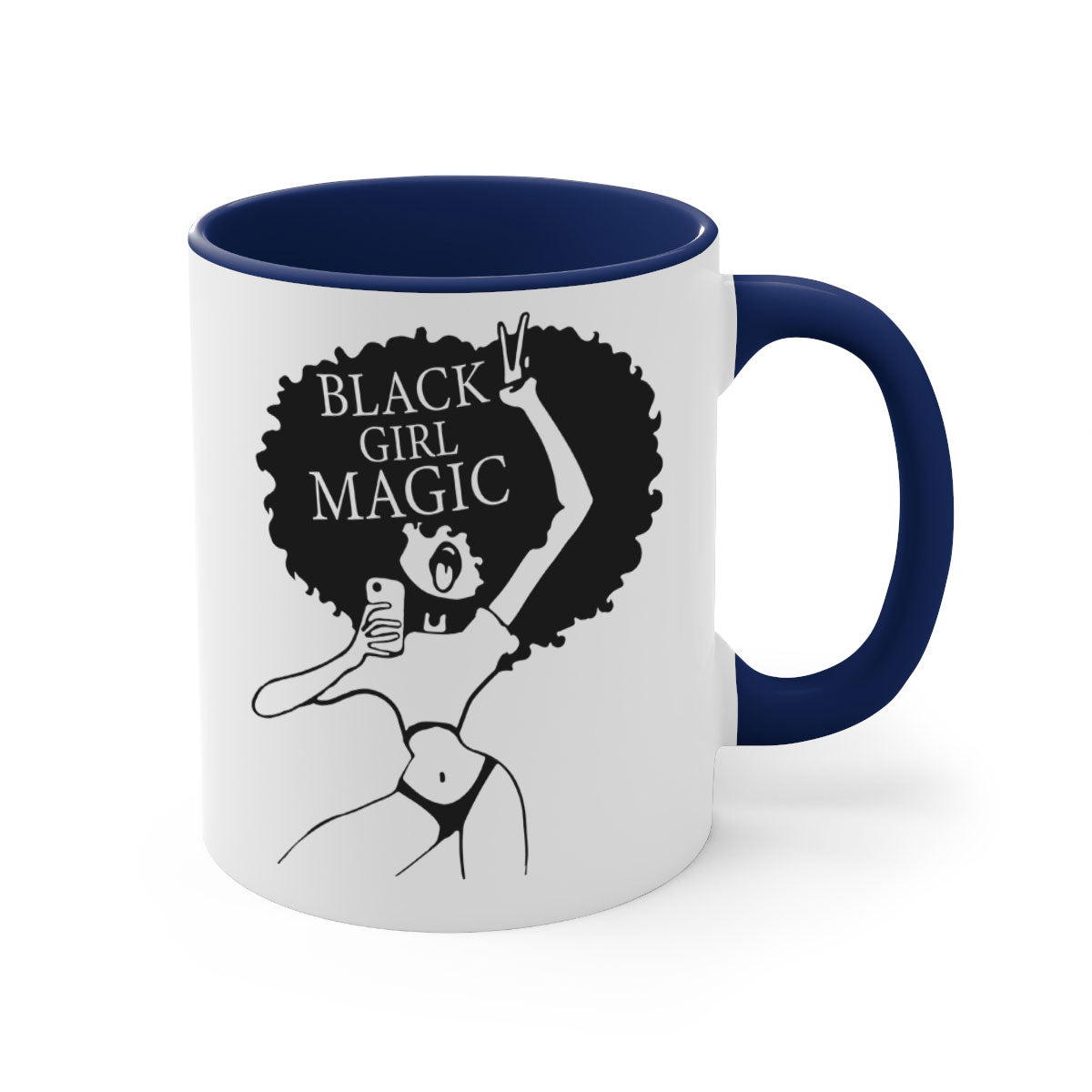 Black Girl Magic Mug featuring a glossy finish with a colored handle and interior, available in multiple colors and sizes.