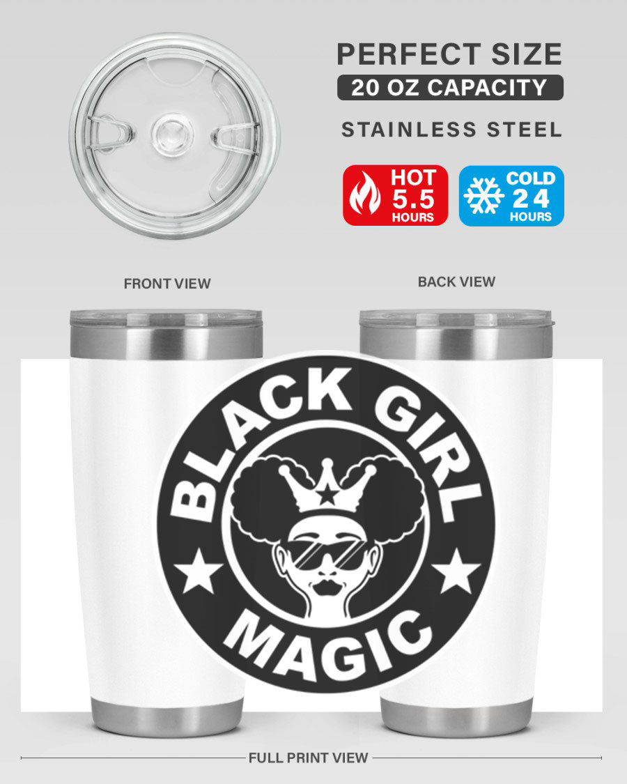 Black Girl Magic Coffee Tumblers in 20oz and 30oz sizes, showcasing their sleek stainless steel design and vibrant printed graphics.