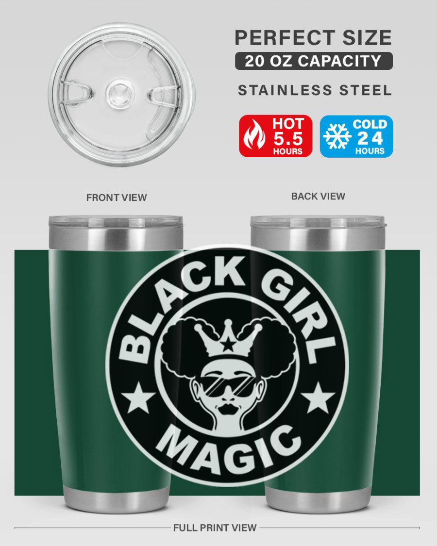 Black Girl Magic Coffee Tumblers in 20oz and 30oz sizes, showcasing their sleek stainless steel design and vibrant printed graphics.