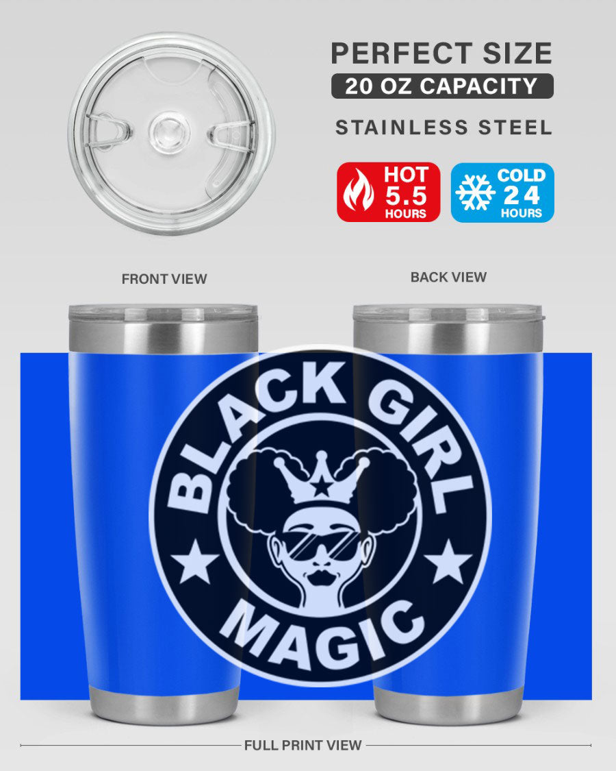 Black Girl Magic Coffee Tumblers in 20oz and 30oz sizes, showcasing their sleek stainless steel design and vibrant printed graphics.