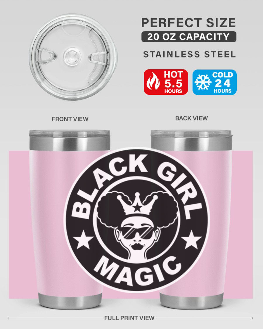 Black Girl Magic Coffee Tumblers in 20oz and 30oz sizes, showcasing their sleek stainless steel design and vibrant printed graphics.