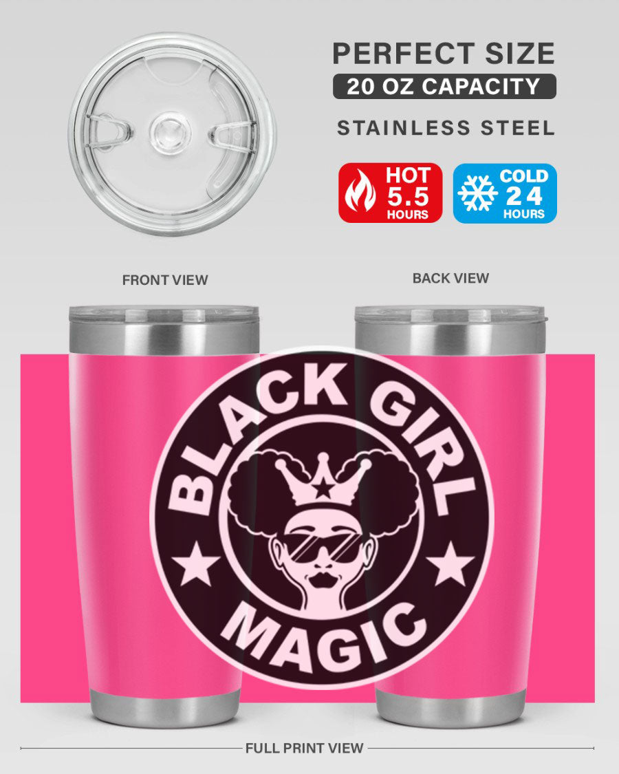 Black Girl Magic Coffee Tumblers in 20oz and 30oz sizes, showcasing their sleek stainless steel design and vibrant printed graphics.