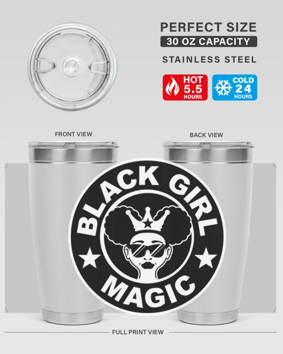 Black Girl Magic Coffee Tumblers in 20oz and 30oz sizes, showcasing their sleek stainless steel design and vibrant printed graphics.