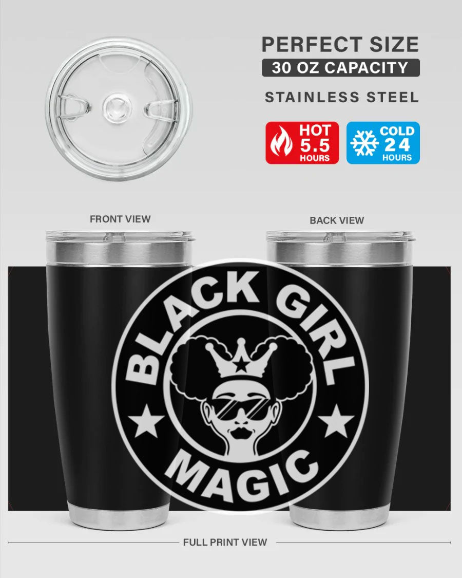 Black Girl Magic Coffee Tumblers in 20oz and 30oz sizes, showcasing their sleek stainless steel design and vibrant printed graphics.