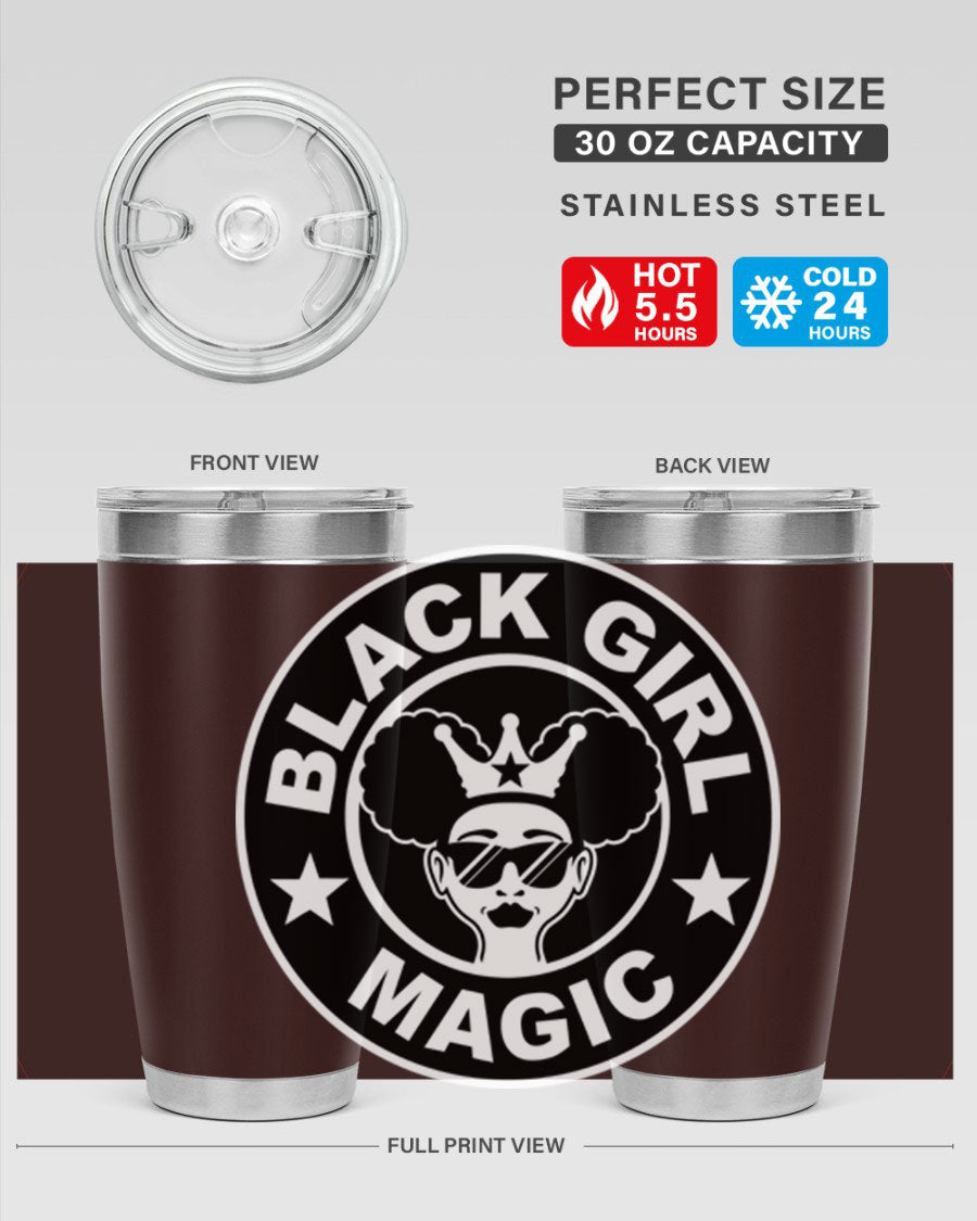 Black Girl Magic Coffee Tumblers in 20oz and 30oz sizes, showcasing their sleek stainless steel design and vibrant printed graphics.