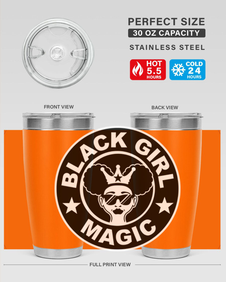 Black Girl Magic Coffee Tumblers in 20oz and 30oz sizes, showcasing their sleek stainless steel design and vibrant printed graphics.