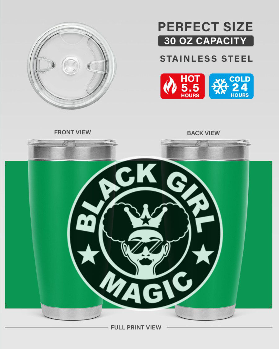 Black Girl Magic Coffee Tumblers in 20oz and 30oz sizes, showcasing their sleek stainless steel design and vibrant printed graphics.