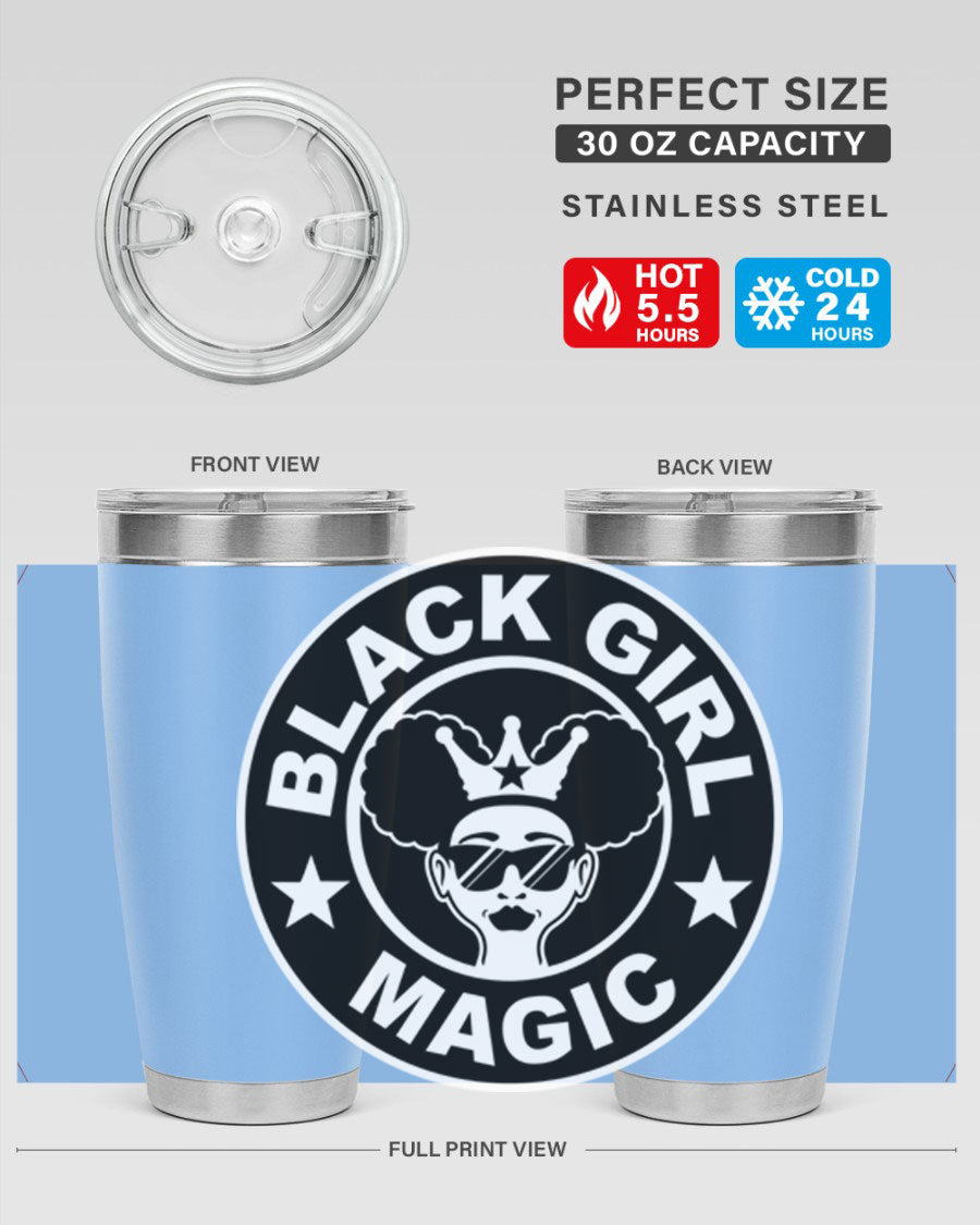 Black Girl Magic Coffee Tumblers in 20oz and 30oz sizes, showcasing their sleek stainless steel design and vibrant printed graphics.