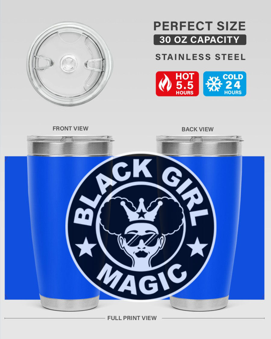 Black Girl Magic Coffee Tumblers in 20oz and 30oz sizes, showcasing their sleek stainless steel design and vibrant printed graphics.