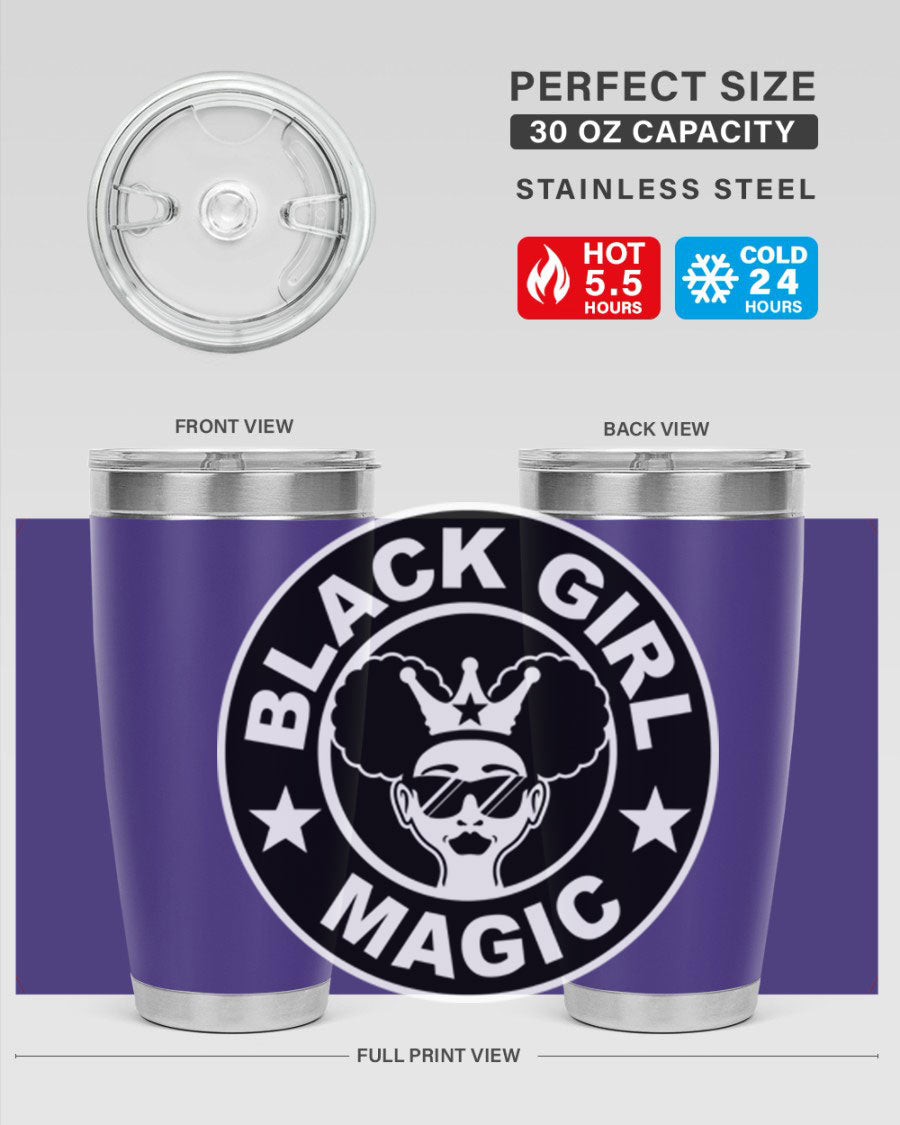 Black Girl Magic Coffee Tumblers in 20oz and 30oz sizes, showcasing their sleek stainless steel design and vibrant printed graphics.