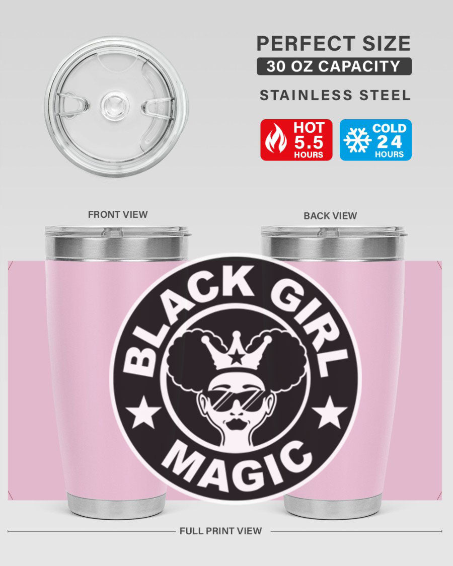 Black Girl Magic Coffee Tumblers in 20oz and 30oz sizes, showcasing their sleek stainless steel design and vibrant printed graphics.