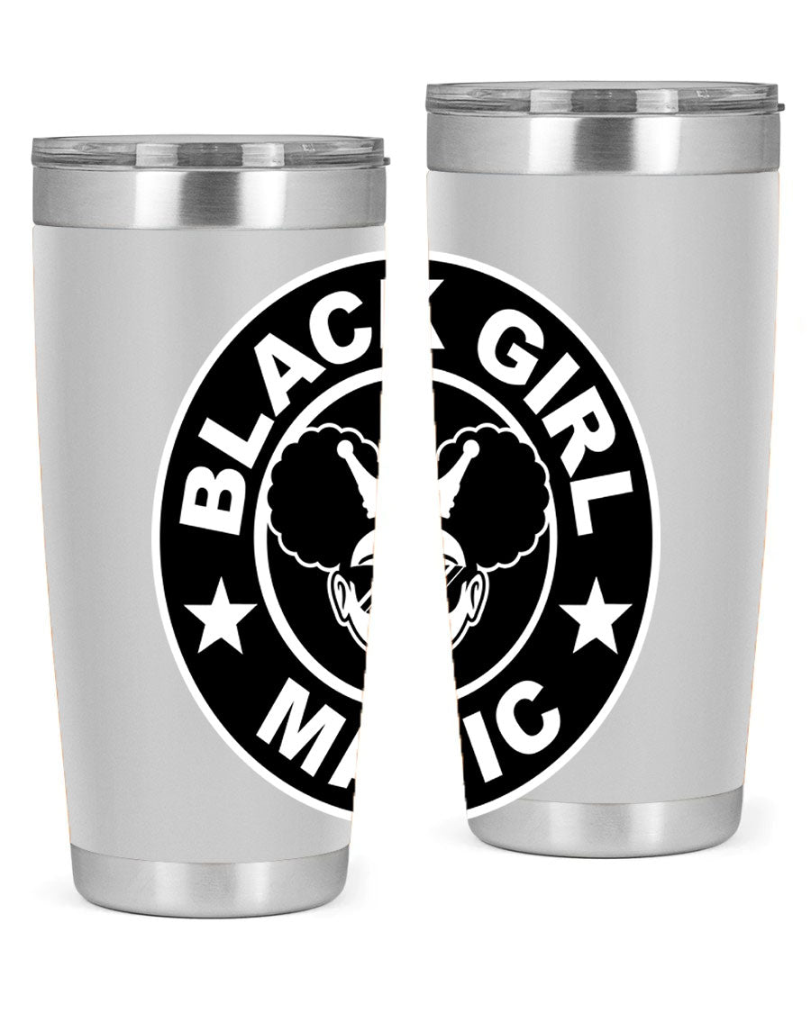 Black Girl Magic Coffee Tumblers in 20oz and 30oz sizes, showcasing their sleek stainless steel design and vibrant printed graphics.