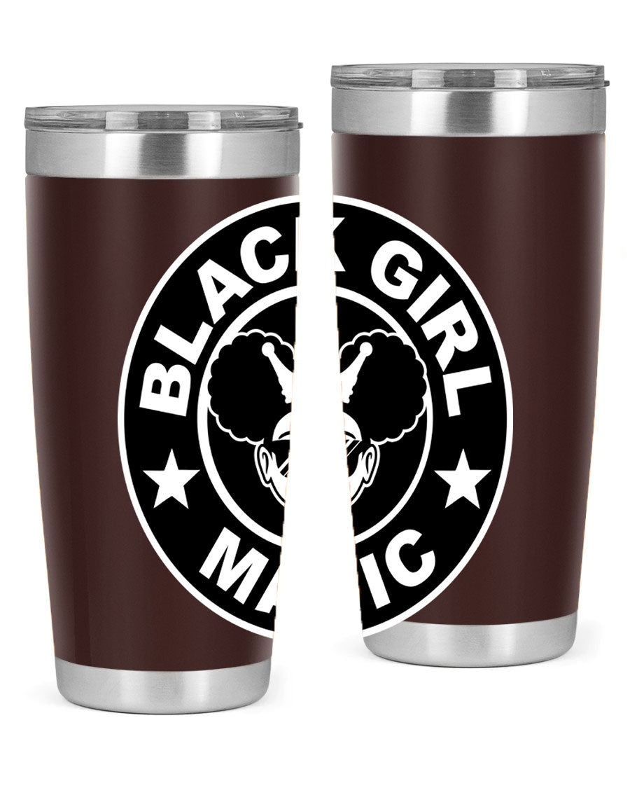 Black Girl Magic Coffee Tumblers in 20oz and 30oz sizes, showcasing their sleek stainless steel design and vibrant printed graphics.