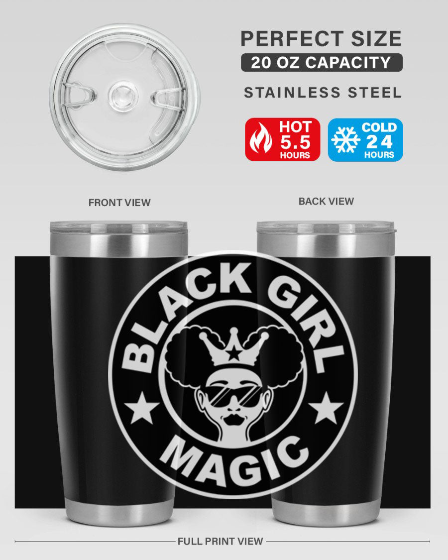 Black Girl Magic Coffee Tumblers in 20oz and 30oz sizes, showcasing their sleek stainless steel design and vibrant printed graphics.