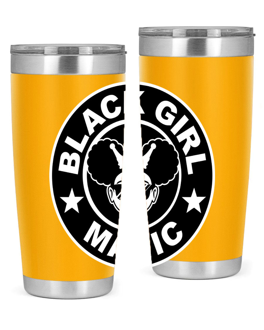 Black Girl Magic Coffee Tumblers in 20oz and 30oz sizes, showcasing their sleek stainless steel design and vibrant printed graphics.