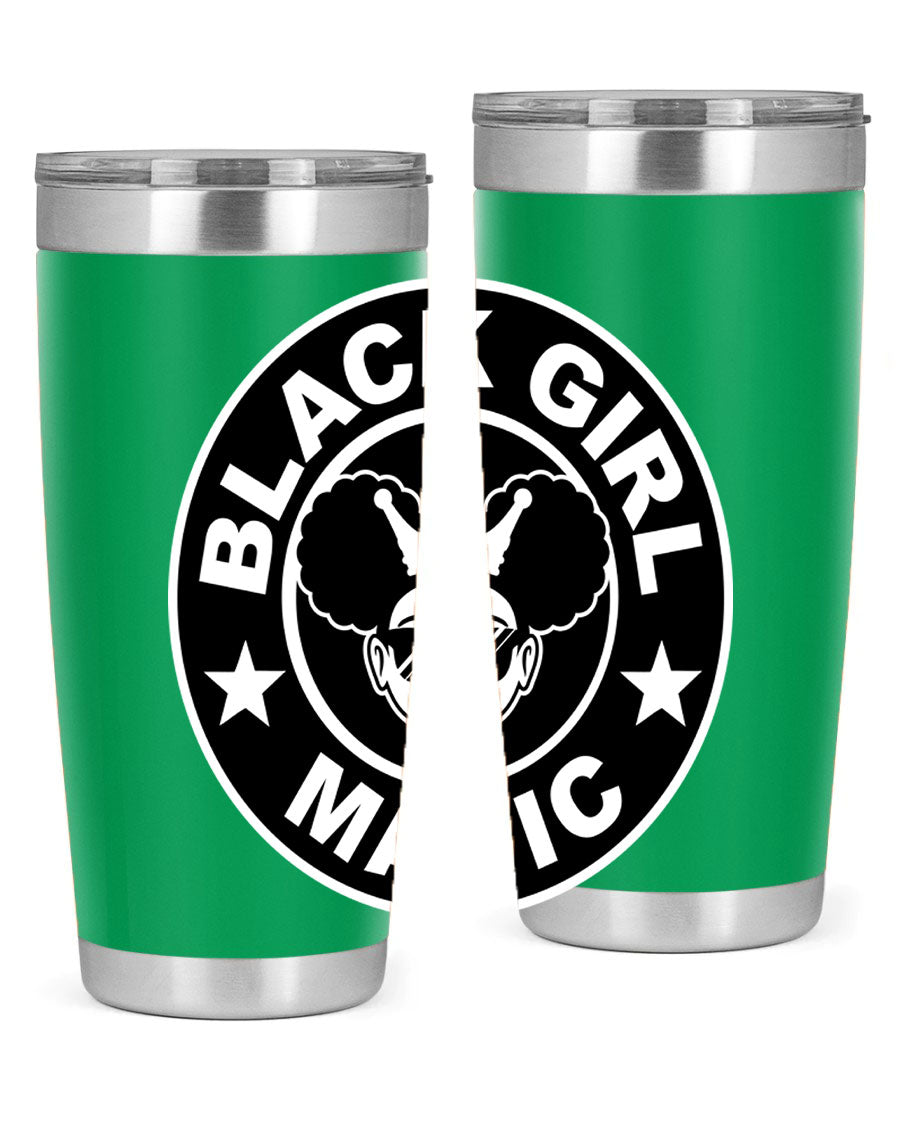 Black Girl Magic Coffee Tumblers in 20oz and 30oz sizes, showcasing their sleek stainless steel design and vibrant printed graphics.