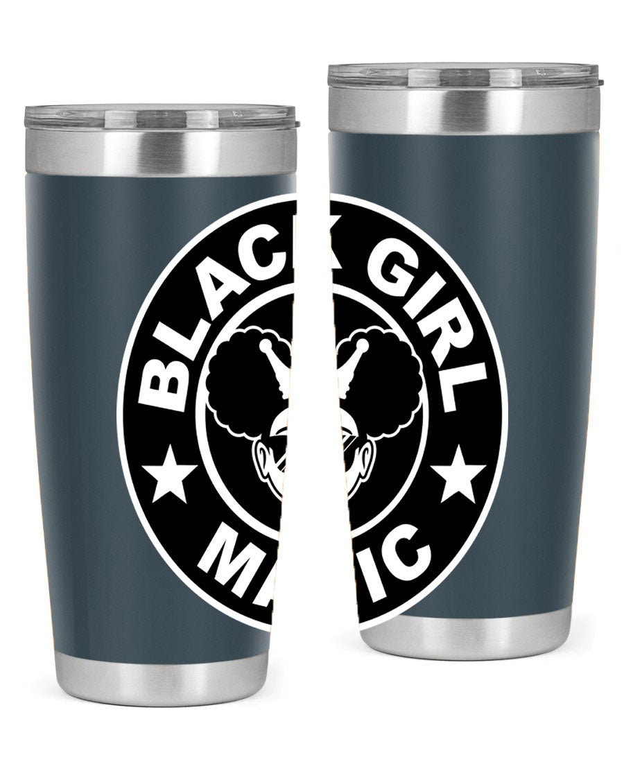 Black Girl Magic Coffee Tumblers in 20oz and 30oz sizes, showcasing their sleek stainless steel design and vibrant printed graphics.