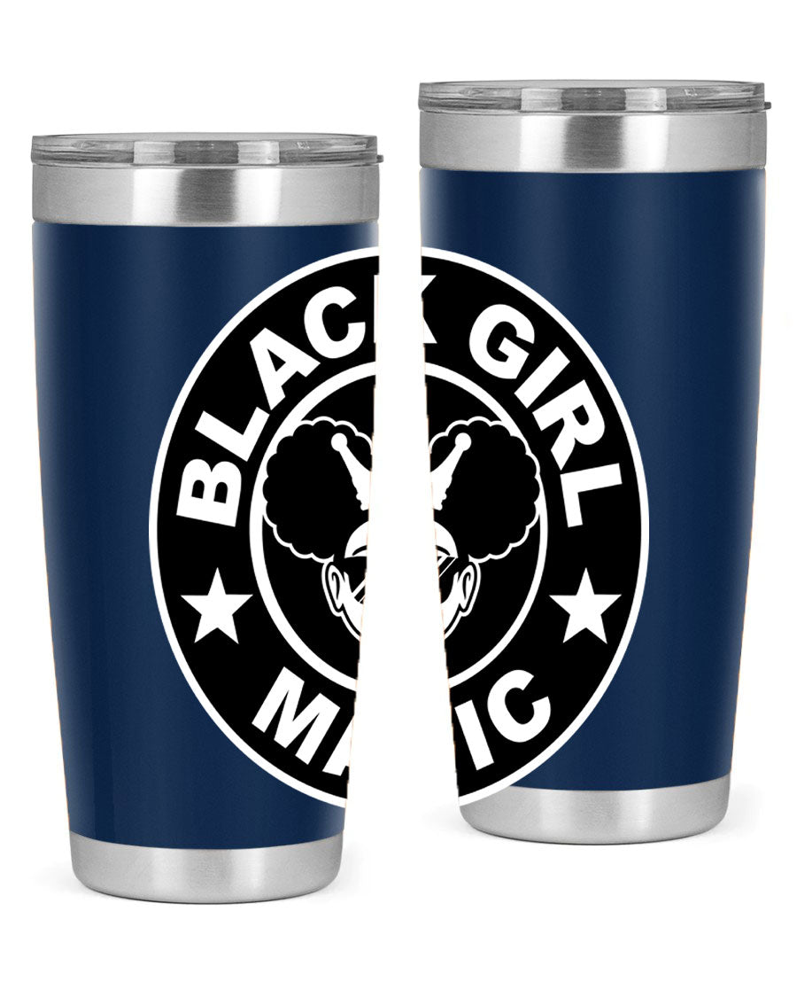 Black Girl Magic Coffee Tumblers in 20oz and 30oz sizes, showcasing their sleek stainless steel design and vibrant printed graphics.