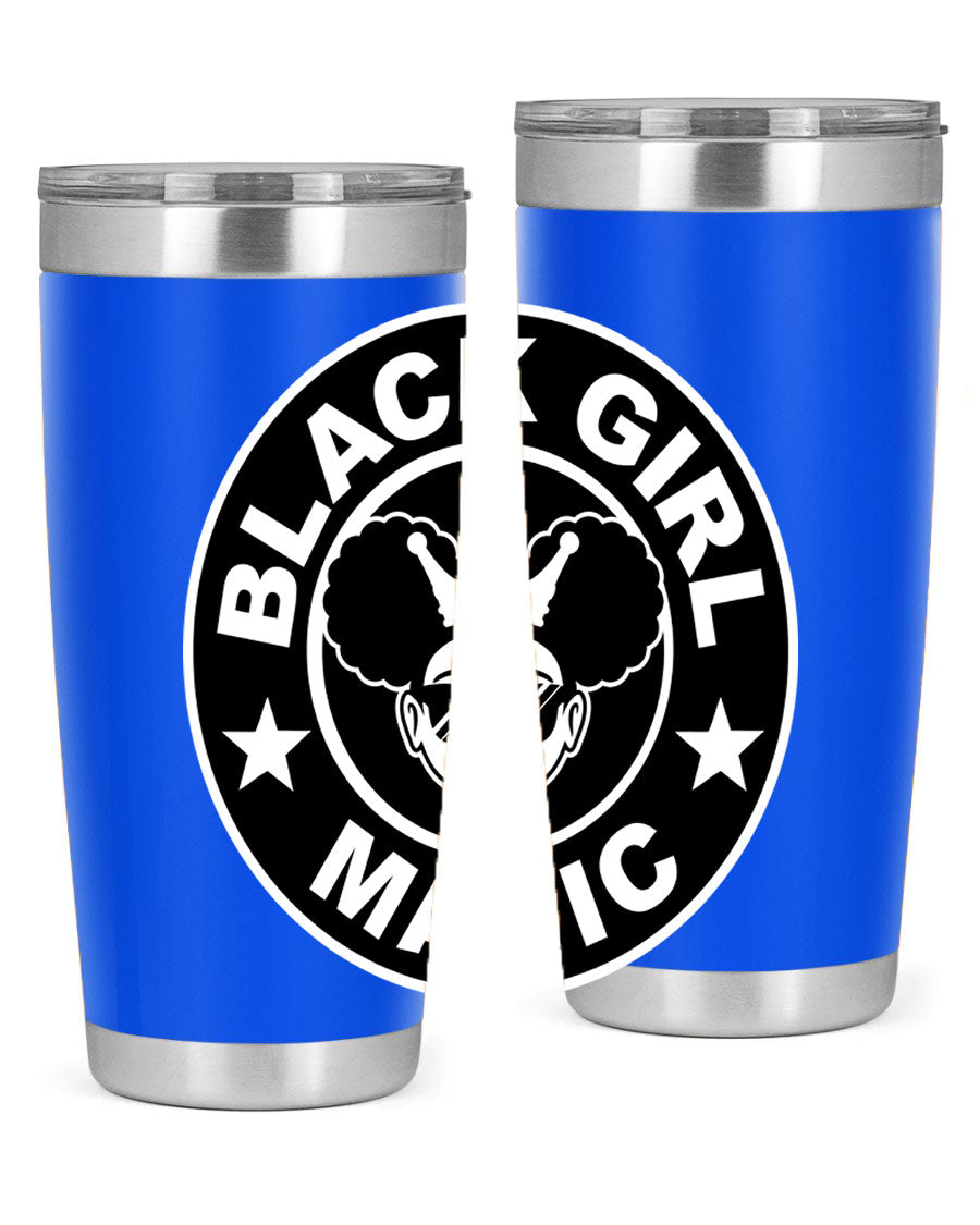 Black Girl Magic Coffee Tumblers in 20oz and 30oz sizes, showcasing their sleek stainless steel design and vibrant printed graphics.