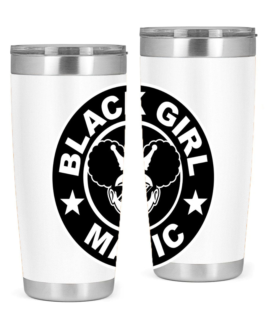 Black Girl Magic Coffee Tumblers in 20oz and 30oz sizes, showcasing their sleek stainless steel design and vibrant printed graphics.