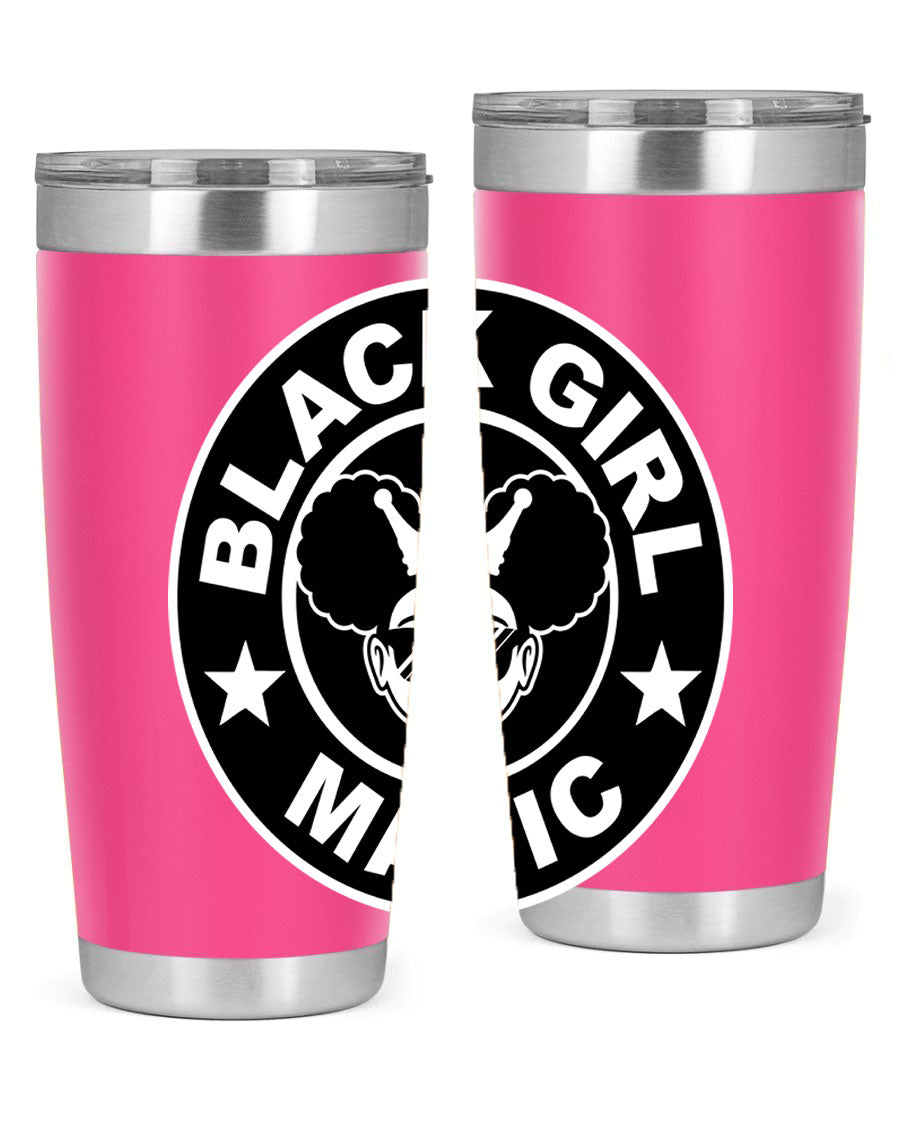 Black Girl Magic Coffee Tumblers in 20oz and 30oz sizes, showcasing their sleek stainless steel design and vibrant printed graphics.