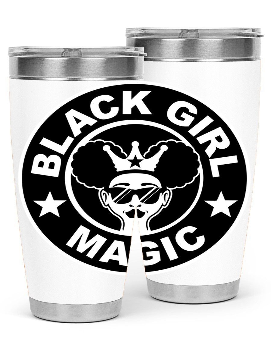 Black Girl Magic Coffee Tumblers in 20oz and 30oz sizes, showcasing their sleek stainless steel design and vibrant printed graphics.