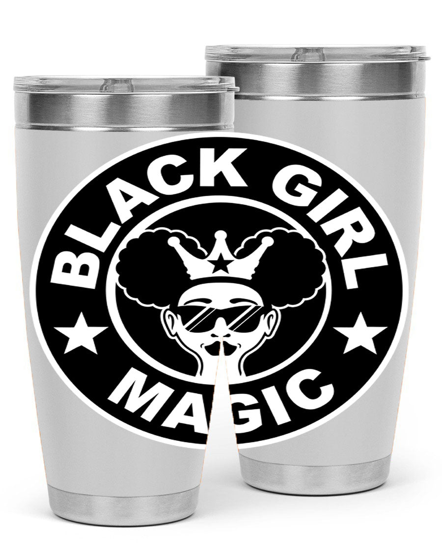 Black Girl Magic Coffee Tumblers in 20oz and 30oz sizes, showcasing their sleek stainless steel design and vibrant printed graphics.