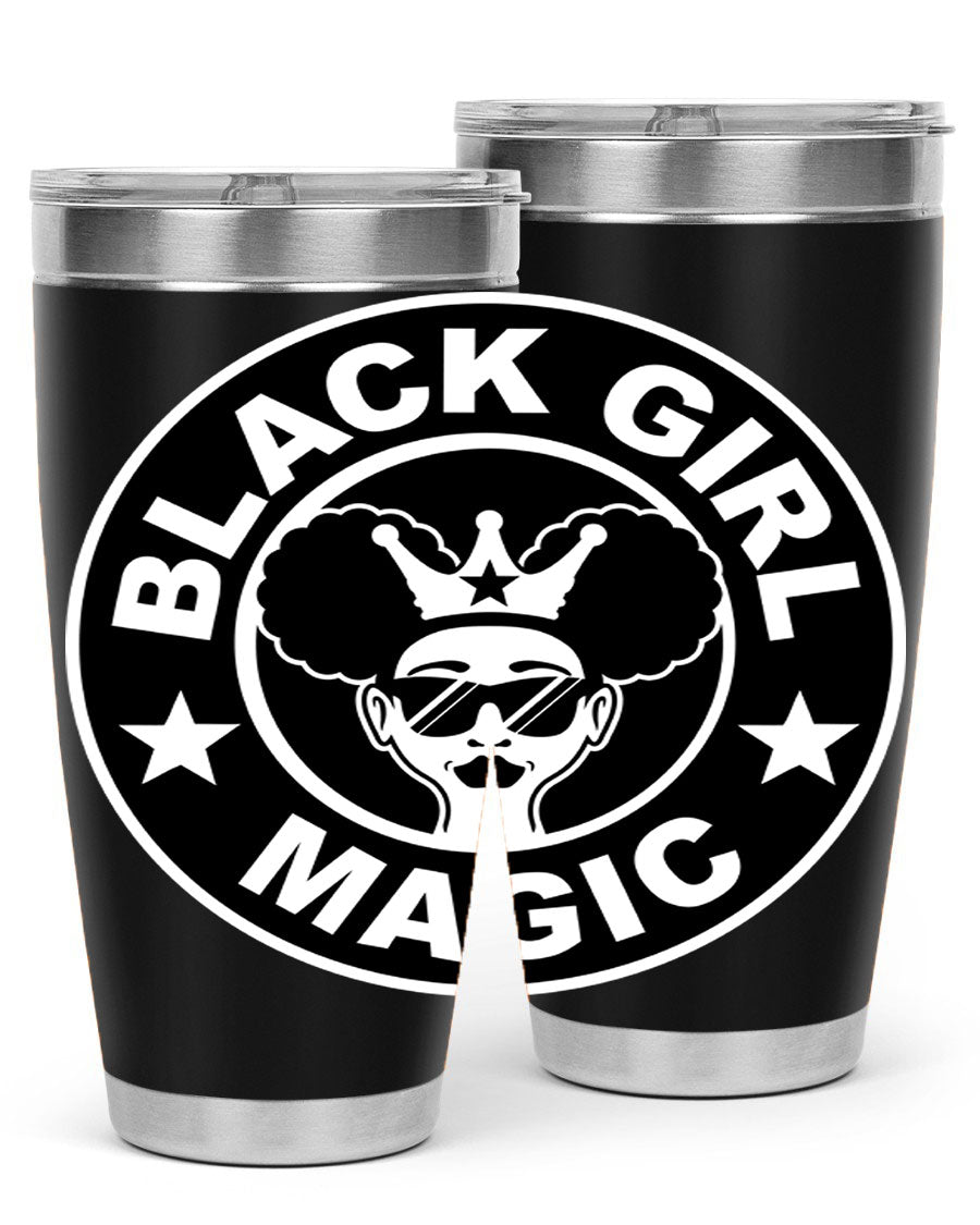 Black Girl Magic Coffee Tumblers in 20oz and 30oz sizes, showcasing their sleek stainless steel design and vibrant printed graphics.