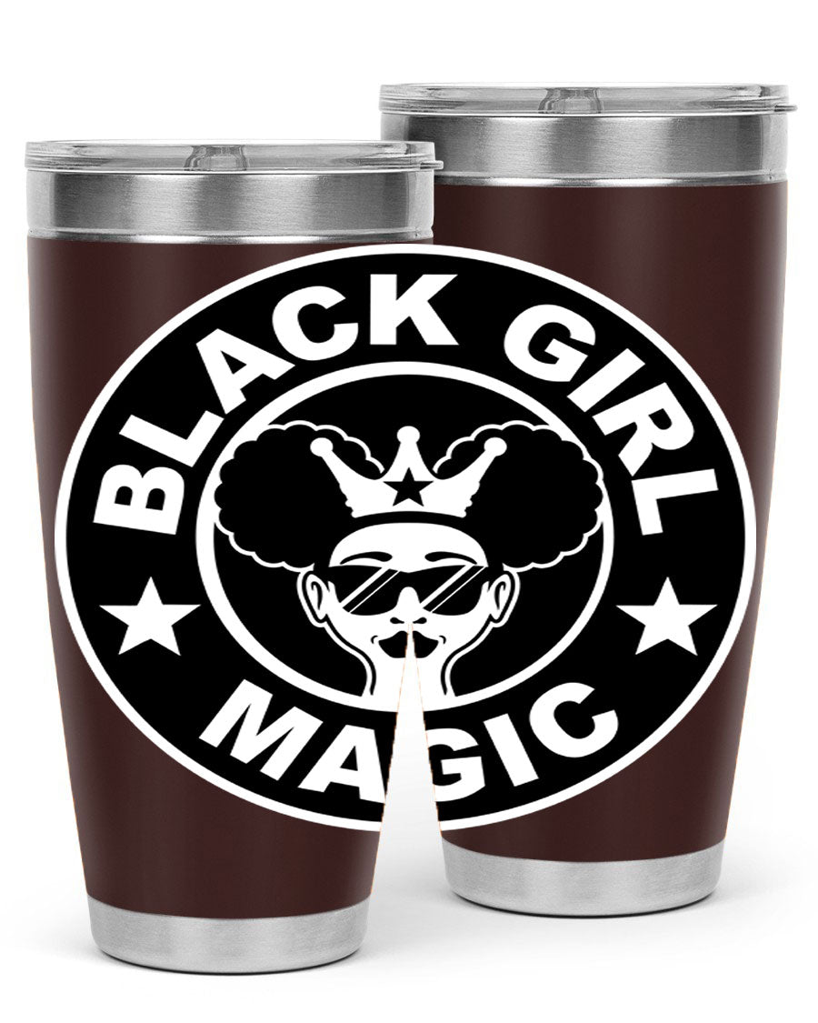 Black Girl Magic Coffee Tumblers in 20oz and 30oz sizes, showcasing their sleek stainless steel design and vibrant printed graphics.