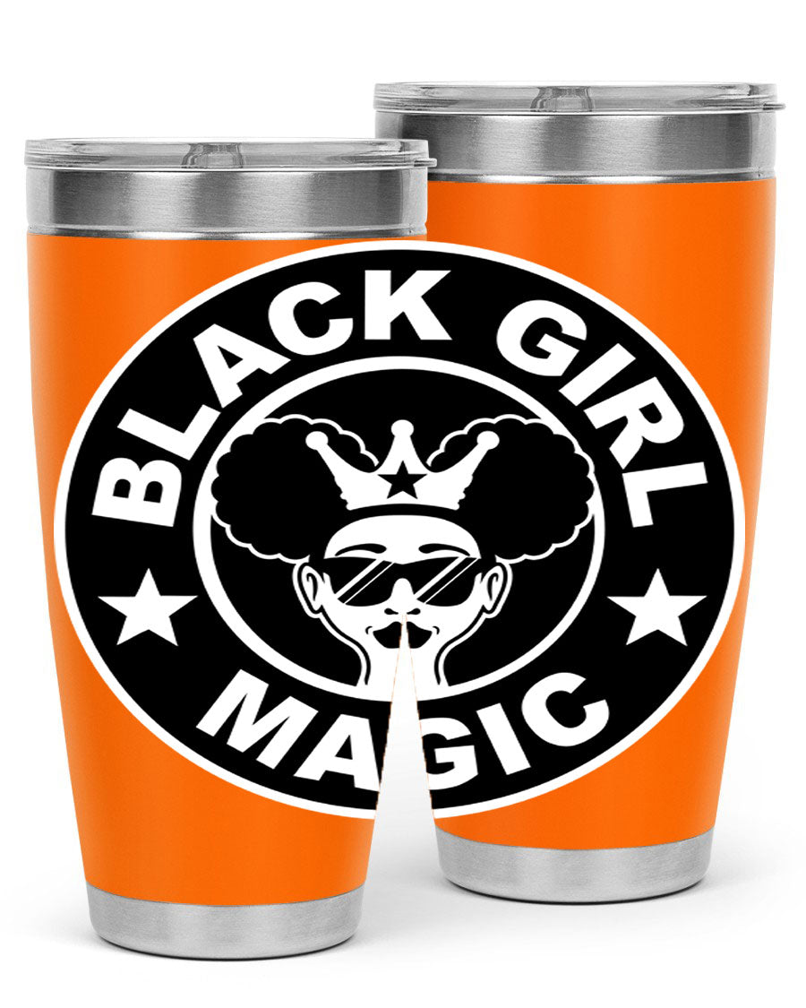 Black Girl Magic Coffee Tumblers in 20oz and 30oz sizes, showcasing their sleek stainless steel design and vibrant printed graphics.